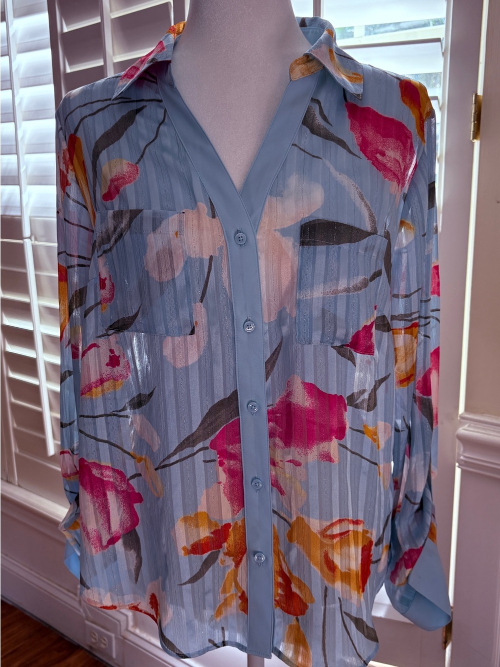 White House Black Market Light Blue Floral Sheer Button-Front Blouse